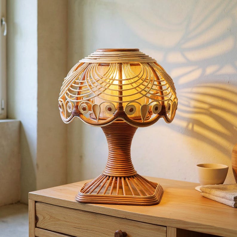 Handmade rattan bedside table lamp for farmhouse home decor