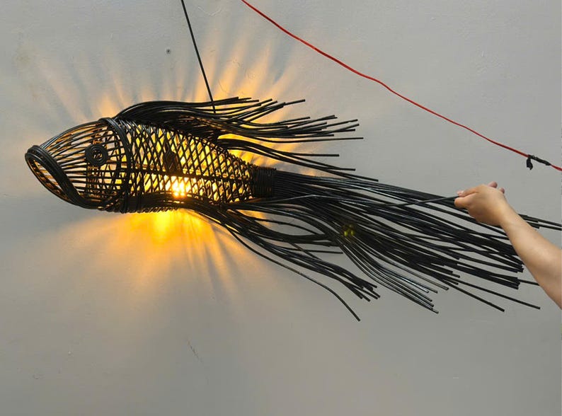 Fish pendant lamp unique wicker handmade art deco lamp