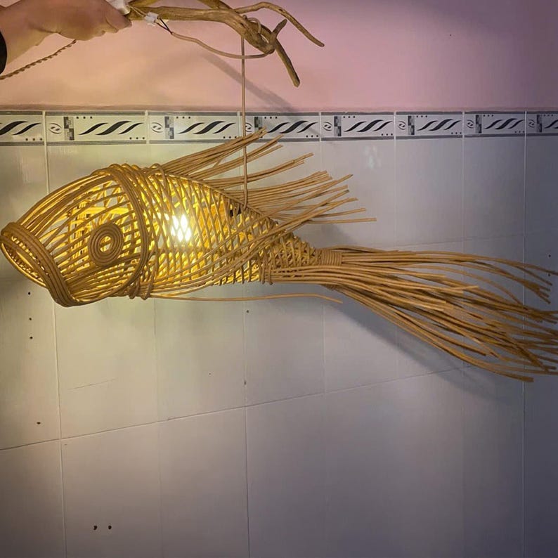 Fish pendant lamp unique wicker handmade art deco lamp