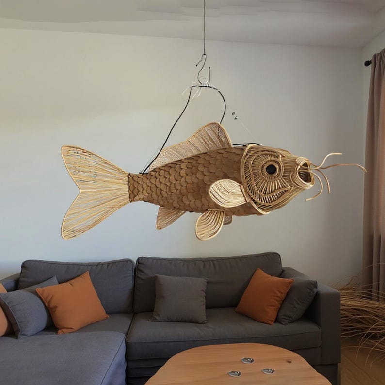 Unique rattan wicker pendant light art deco rustic lamp shade