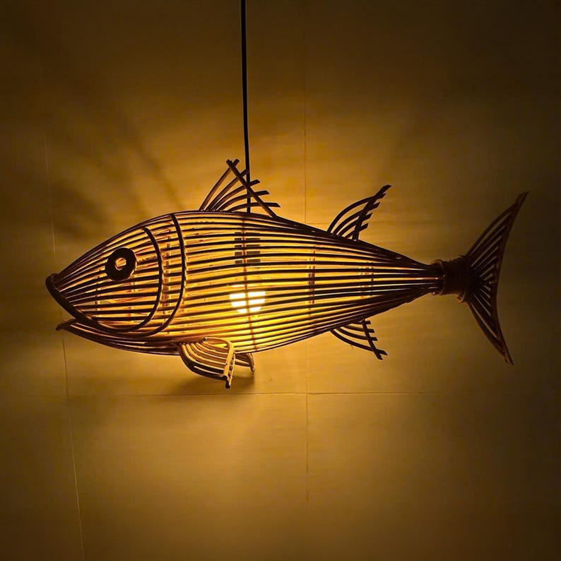 Fish rattan ceiling light for coastal home decor