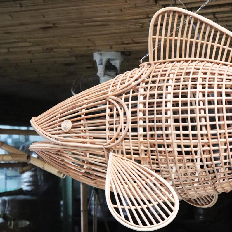 Fish rattan ceiling light unique art deco lamp hanging