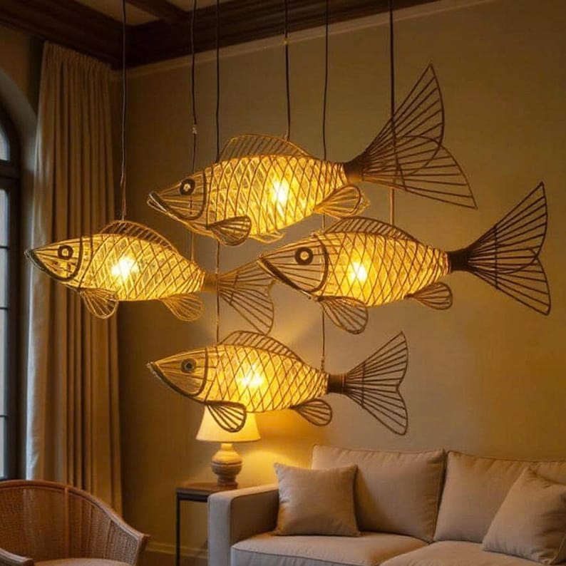 Fish rattan ceiling light for rustic living room decor