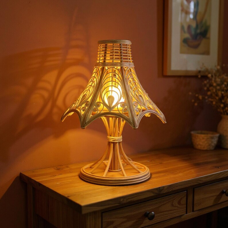 Vintage rattan bedside table lamp for elegant home decor