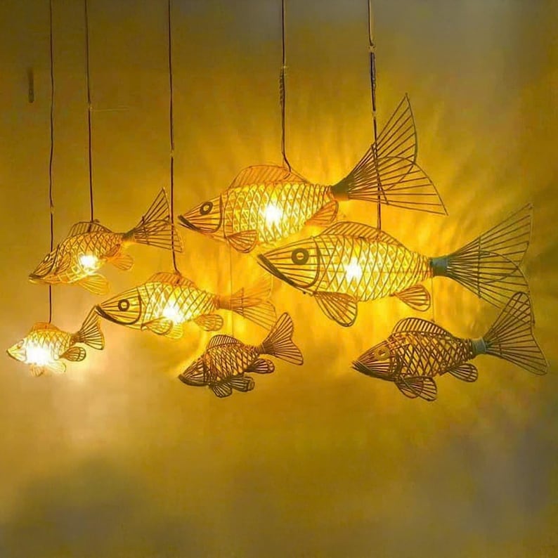 Fish rattan ceiling light for rustic living room decor