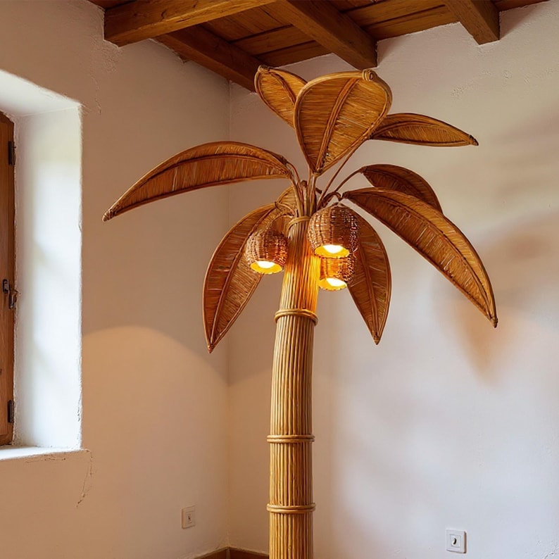 Palm rattan floor lamp for rustic home decor