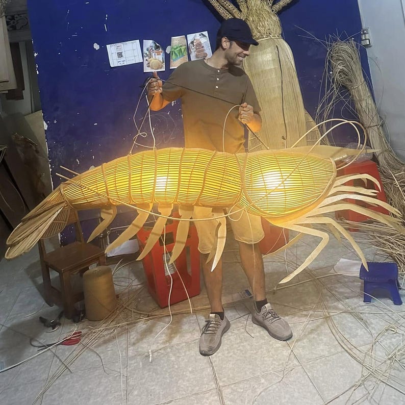 Large lobster rattan pendant light for coastal restaurant decor