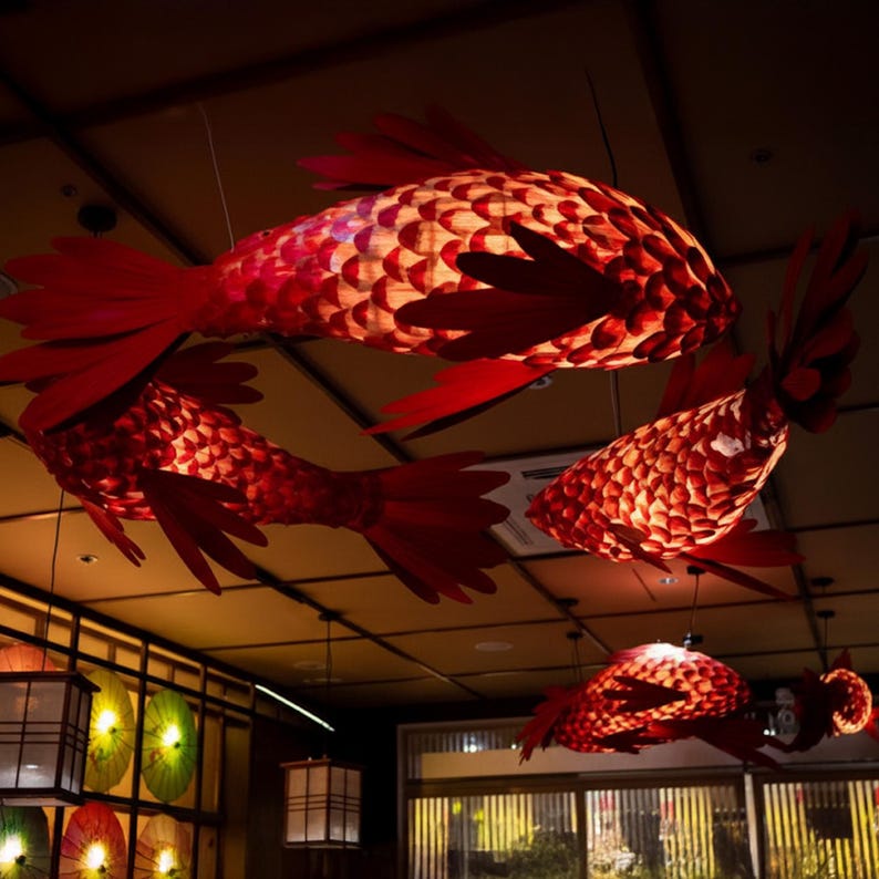 Red wood veneer fish ceiling light fish shape chandelier lighting