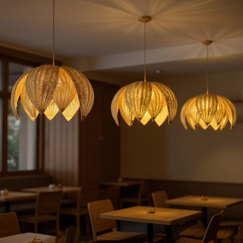 Lotus rattan chandelier for boho ceiling decor