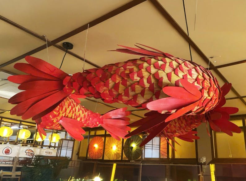 Red wood veneer fish ceiling light fish shape chandelier lighting