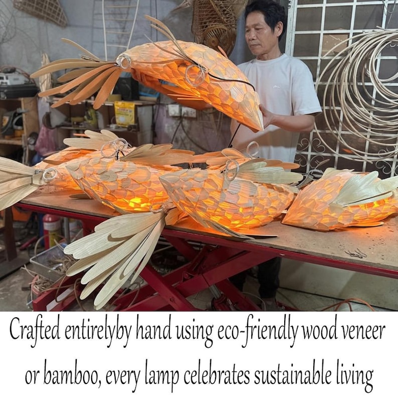 Woven fish pendant light wood veneer fish hanging lamp decor home