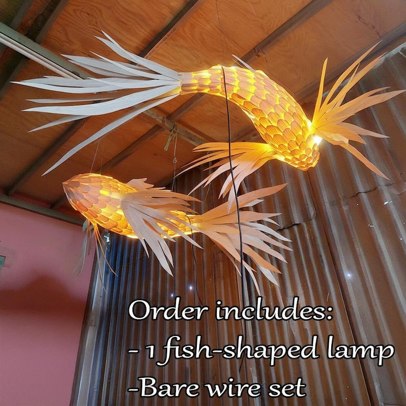 Woven fish pendant light wood veneer fish hanging lamp decor home