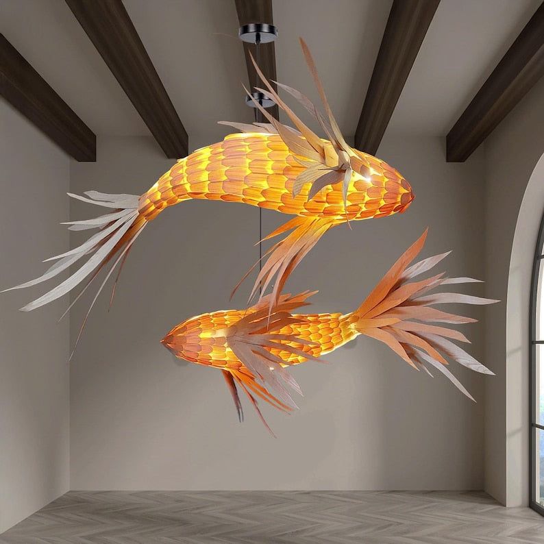 Woven fish pendant light wood veneer fish hanging lamp decor home