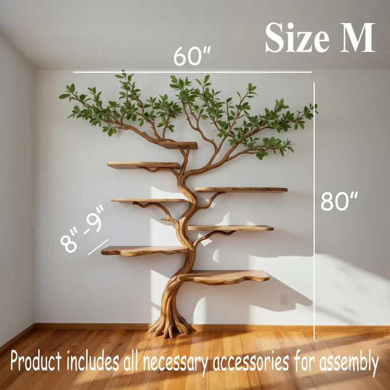 Tree branch floor bookshelf live edge solid wood wall shelf custom furniture