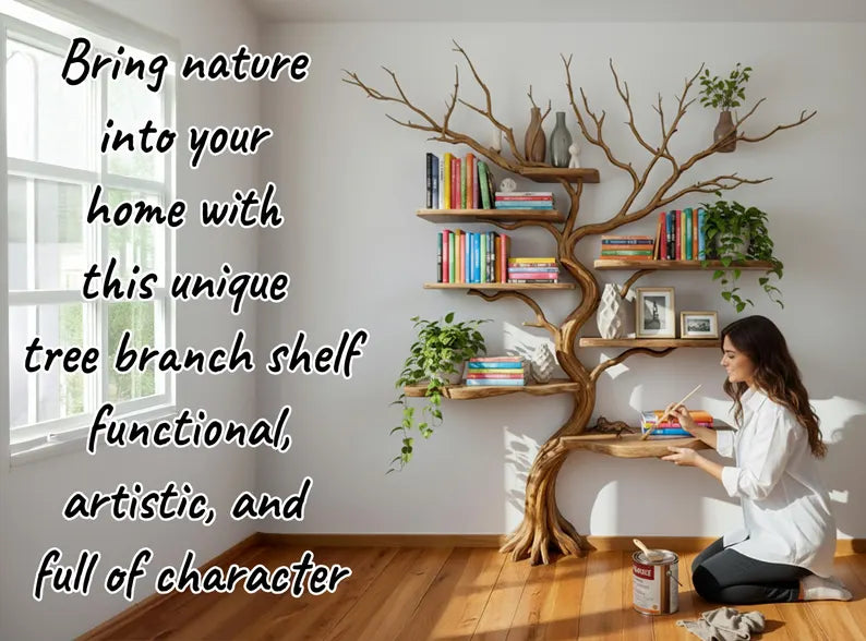 Tree branch floor bookshelf live edge solid wood wall shelf custom furniture