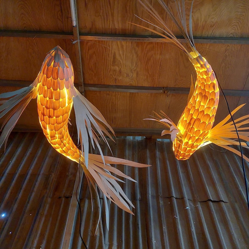 Woven fish pendant light wood veneer fish hanging lamp decor home