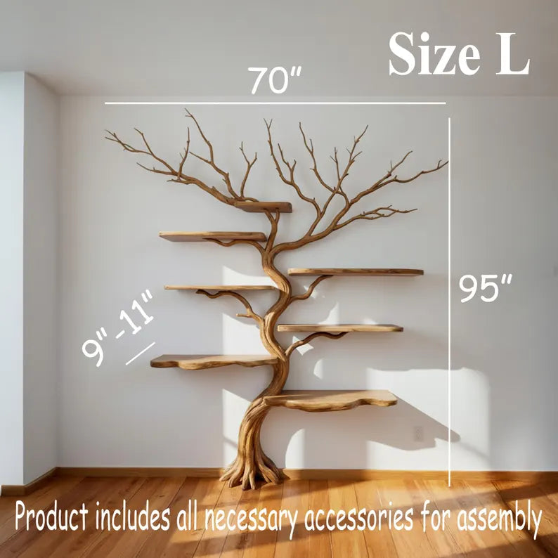Tree branch floor bookshelf live edge solid wood wall shelf custom furniture