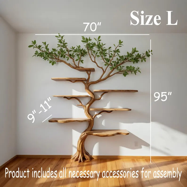Tree branch floor bookshelf live edge solid wood wall shelf custom furniture