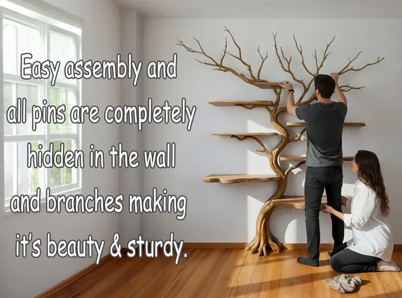 Tree branch floor bookshelf live edge solid wood wall shelf custom furniture