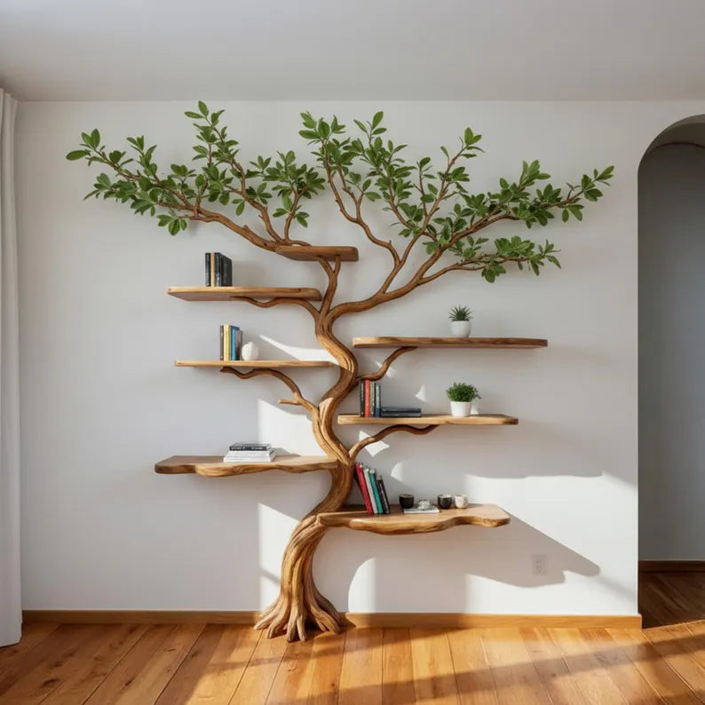 Tree branch floor bookshelf live edge solid wood wall shelf custom furniture