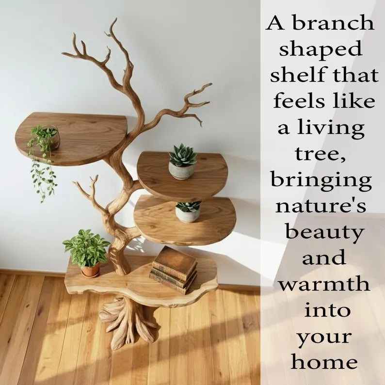 Tree branch floor bookshelf live edge Shelf solid wood decor