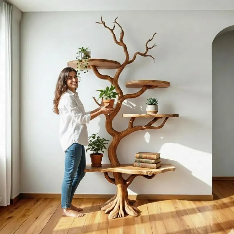 Tree branch floor bookshelf live edge Shelf solid wood decor