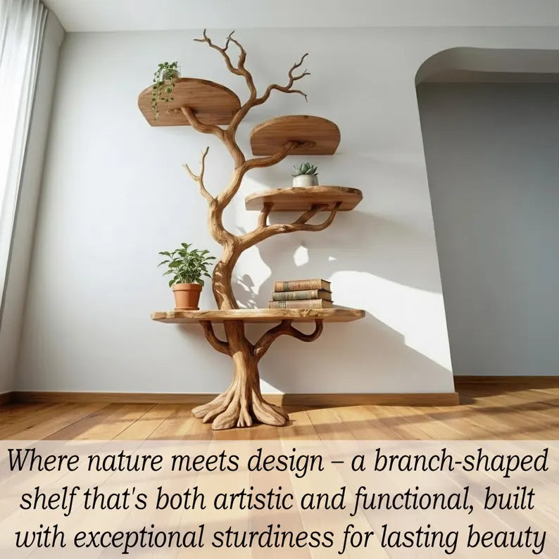Tree branch floor bookshelf live edge Shelf solid wood decor