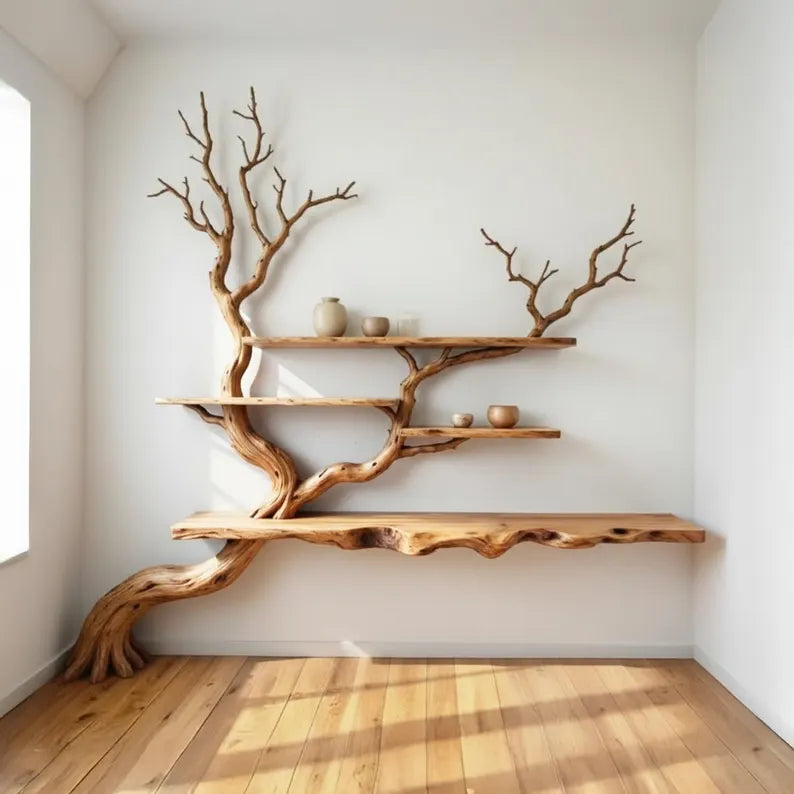 Tree branch floor bookshelf corner floating shelf live edge solid wood wall