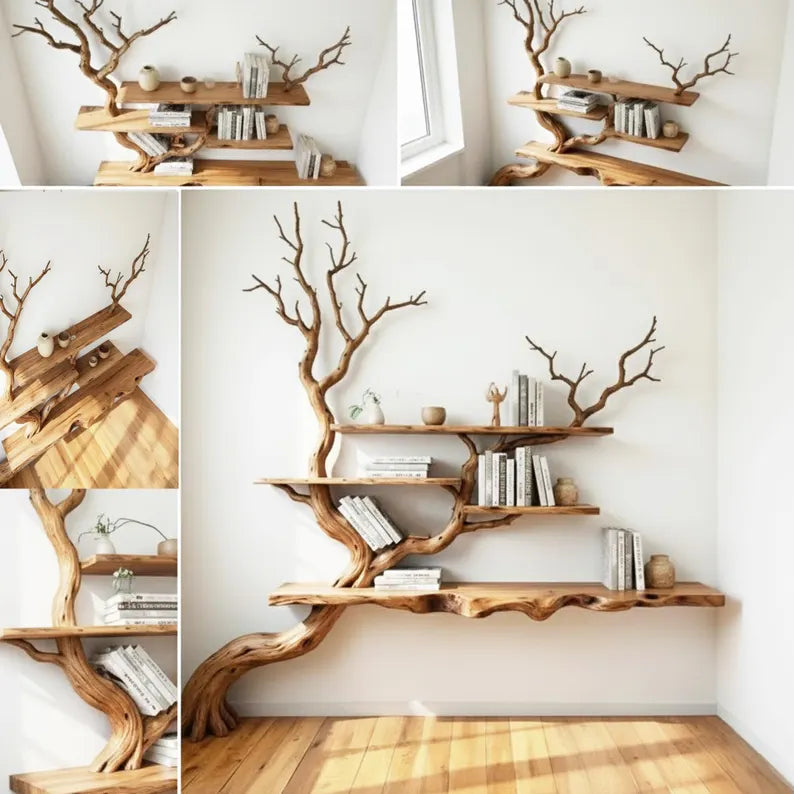 Tree branch floor bookshelf corner floating shelf live edge solid wood wall