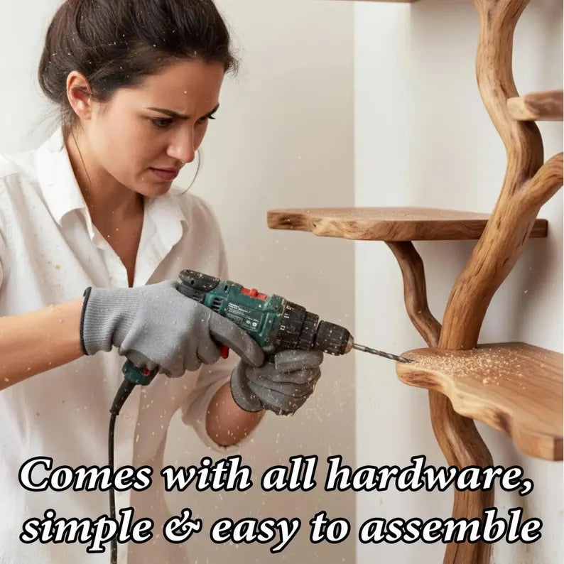 Tree branch floor bookshelf corner floating shelf live edge solid wood wall