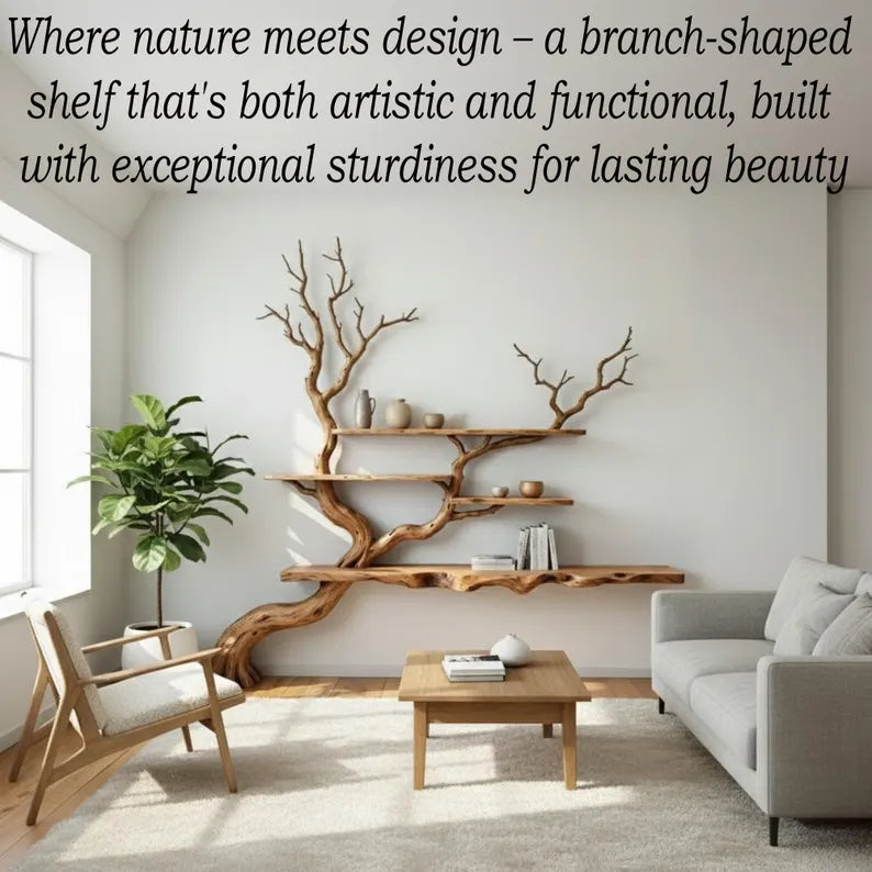 Tree branch floor bookshelf corner floating shelf live edge solid wood wall
