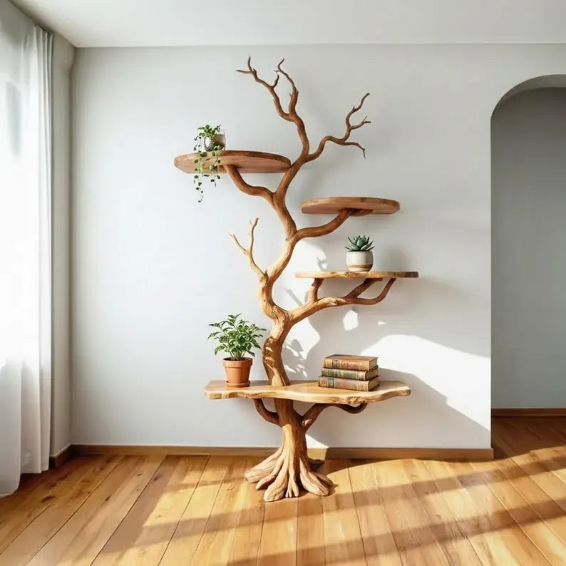 Tree branch floor bookshelf live edge Shelf solid wood decor