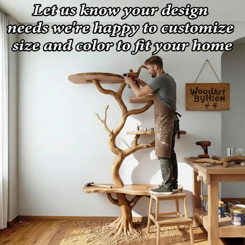 Tree branch floor bookshelf live edge Shelf solid wood decor
