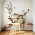 Tree branch floor bookshelf corner floating shelf live edge solid wood wall