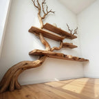 Tree branch floor bookshelf corner floating shelf live edge solid wood wall