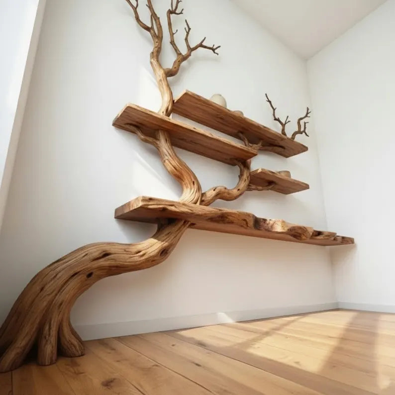 Tree branch floor bookshelf corner floating shelf live edge solid wood wall