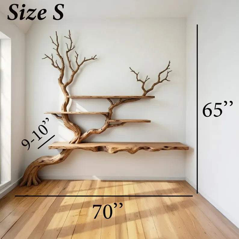 Tree branch floor bookshelf corner floating shelf live edge solid wood wall