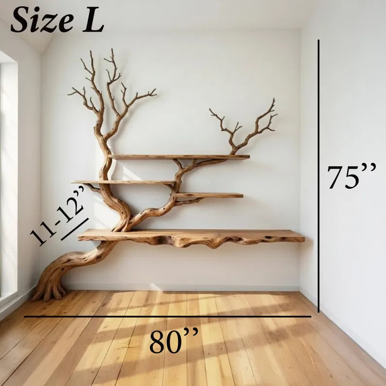 Tree branch floor bookshelf corner floating shelf live edge solid wood wall