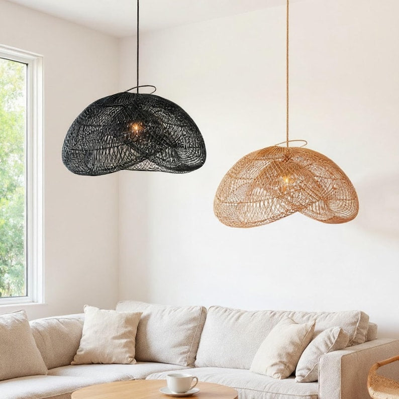 Black rattan pendant light hand woven ceiling light art deco bamboo lantern decor home