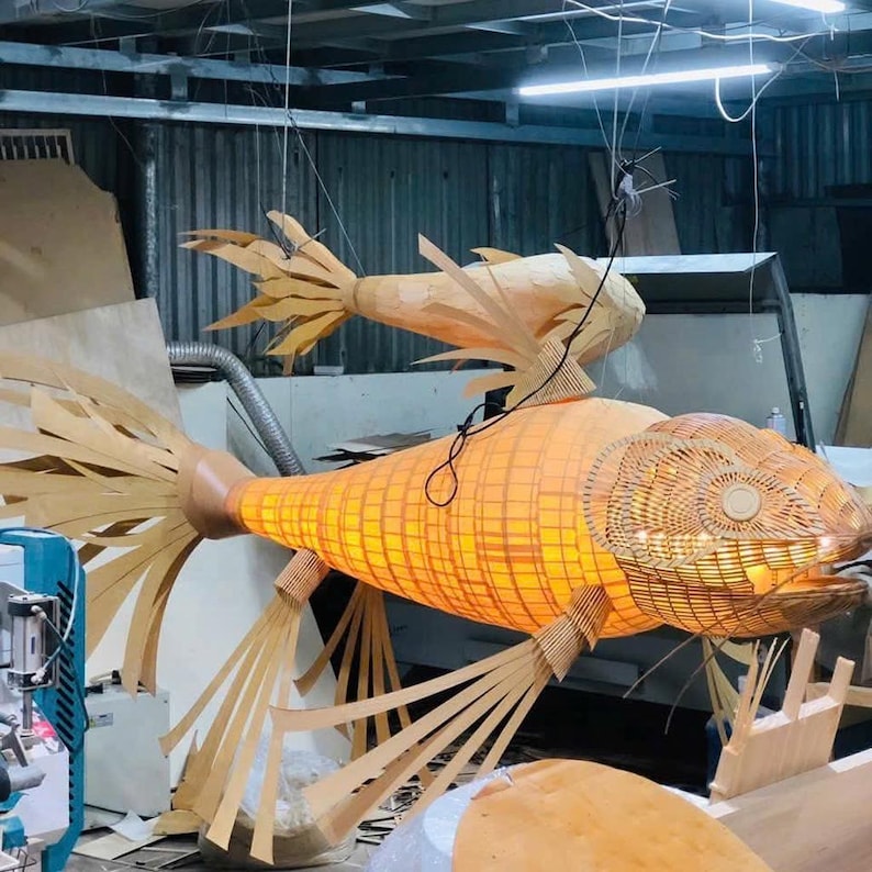 Large koi fish wood veneer ceiling light restaurant decor