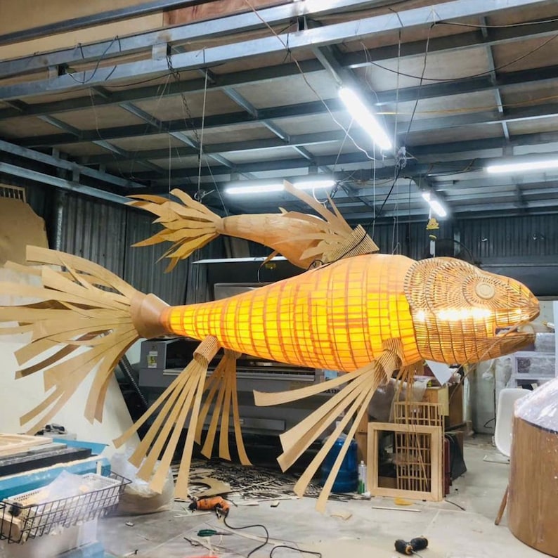 Large koi fish wood veneer ceiling light restaurant decor