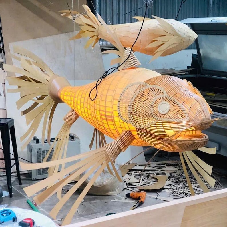 Large koi fish wood veneer ceiling light restaurant decor