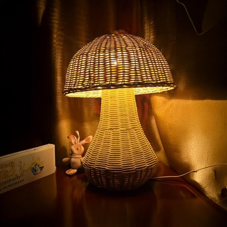 Mushroom rattan table lamp wicker nightlight desk lamp decor