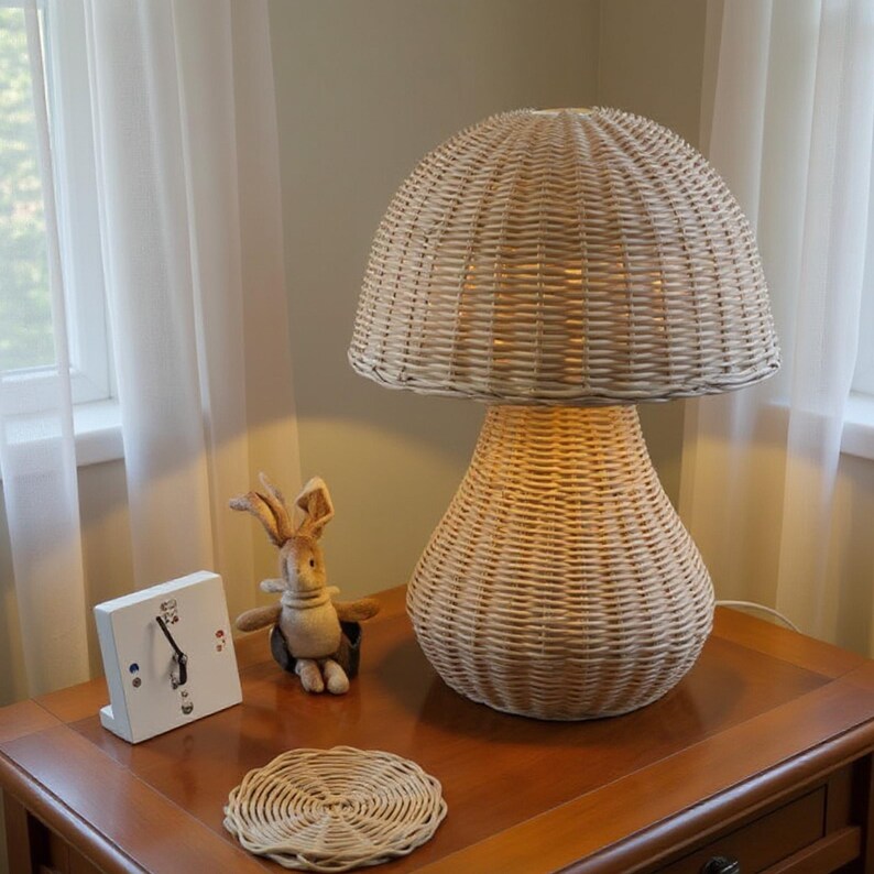 Mushroom rattan table lamp wicker nightlight desk lamp decor