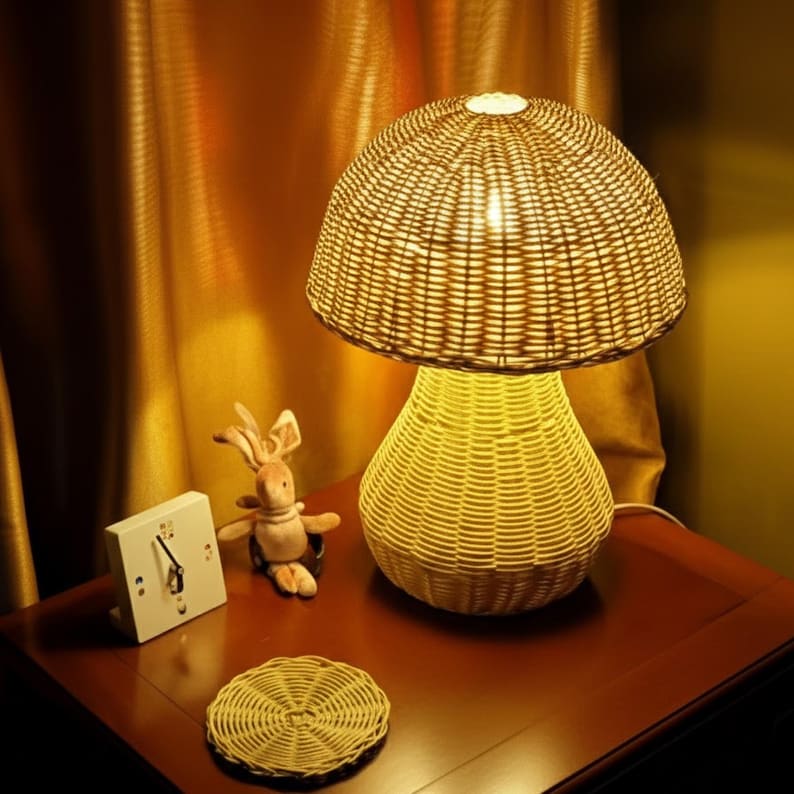 Mushroom rattan table lamp wicker nightlight desk lamp decor