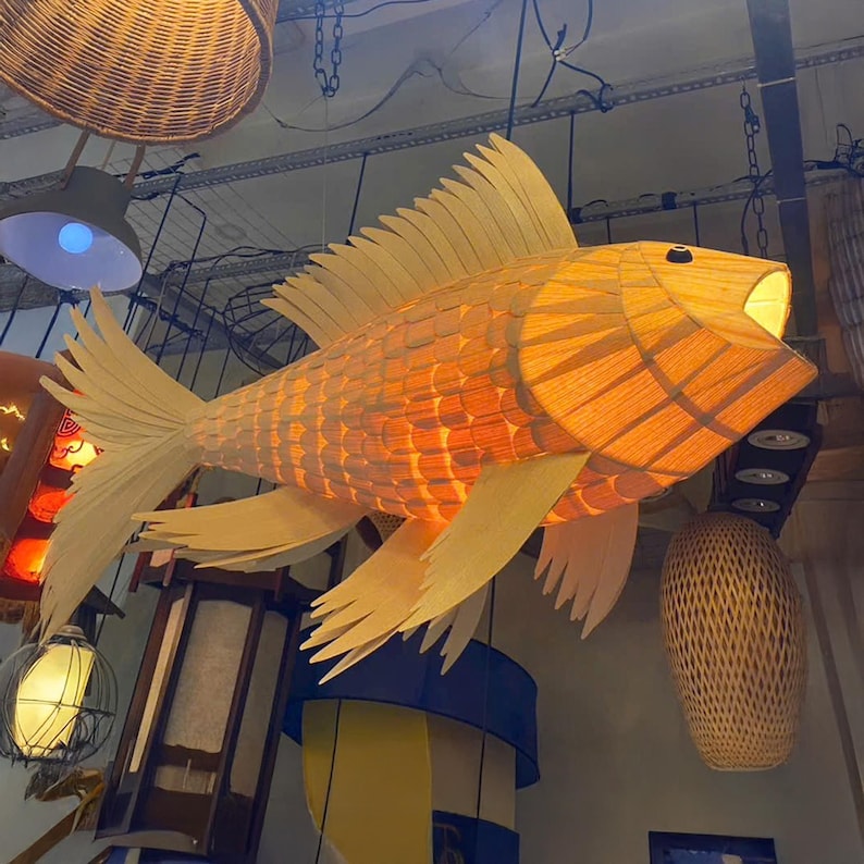 Handmade wood veneer fish ceiling light decor home