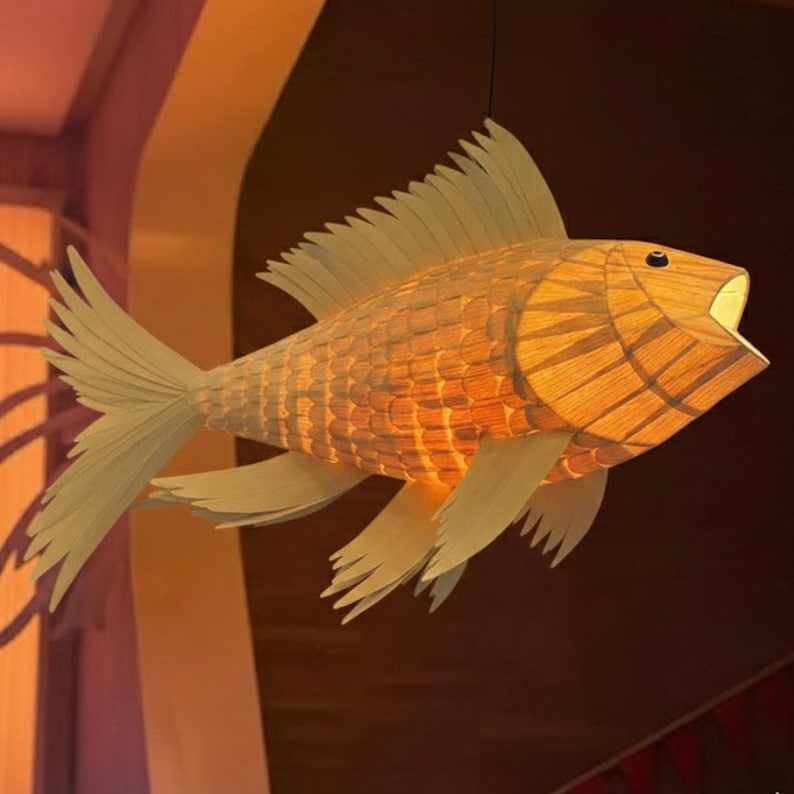 Handmade wood veneer fish ceiling light decor home