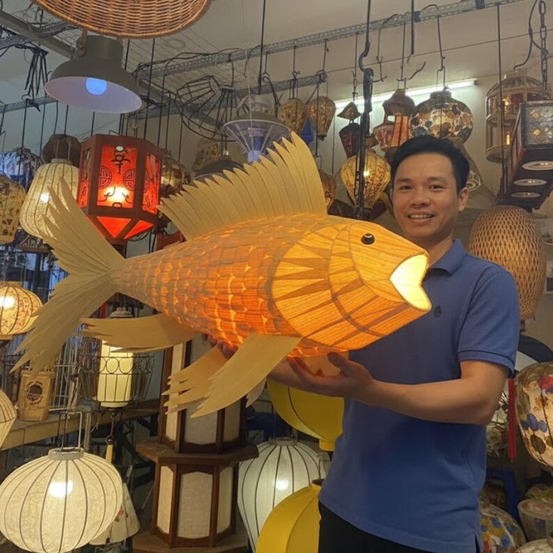 Handmade wood veneer fish ceiling light decor home