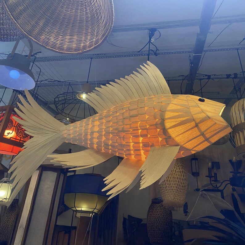 Handmade wood veneer fish ceiling light decor home