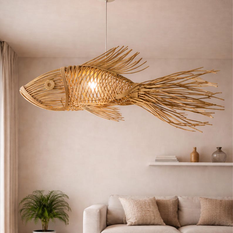 Black tassel tail fish rattan ceiling light for living room decor